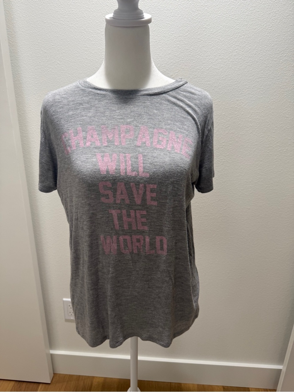 Daydreamer Gray Tee with Pink 'Champagne Will Save The World' Graphic